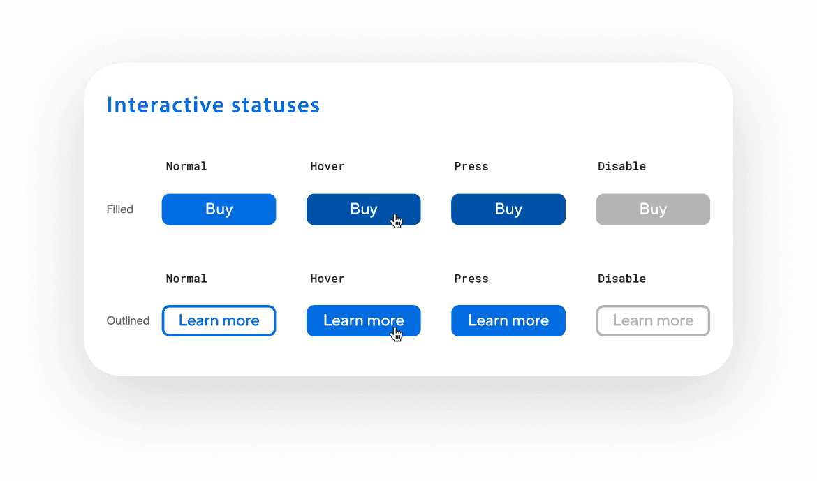 Button size system: small, medium, and large with their padding, height, and interactive-state tokens.