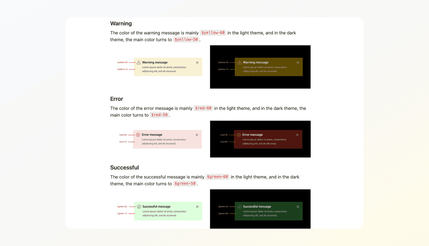 Semantic message components — info, success, warning, error — each bound to its named token.
