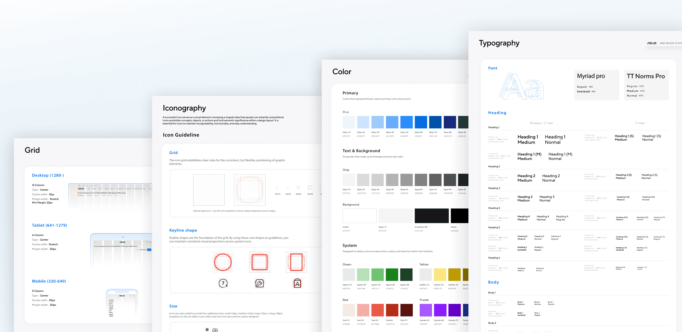 Fanned foundation spec sheets — grid, iconography, color, and typography — the shared baseline every team inherits.