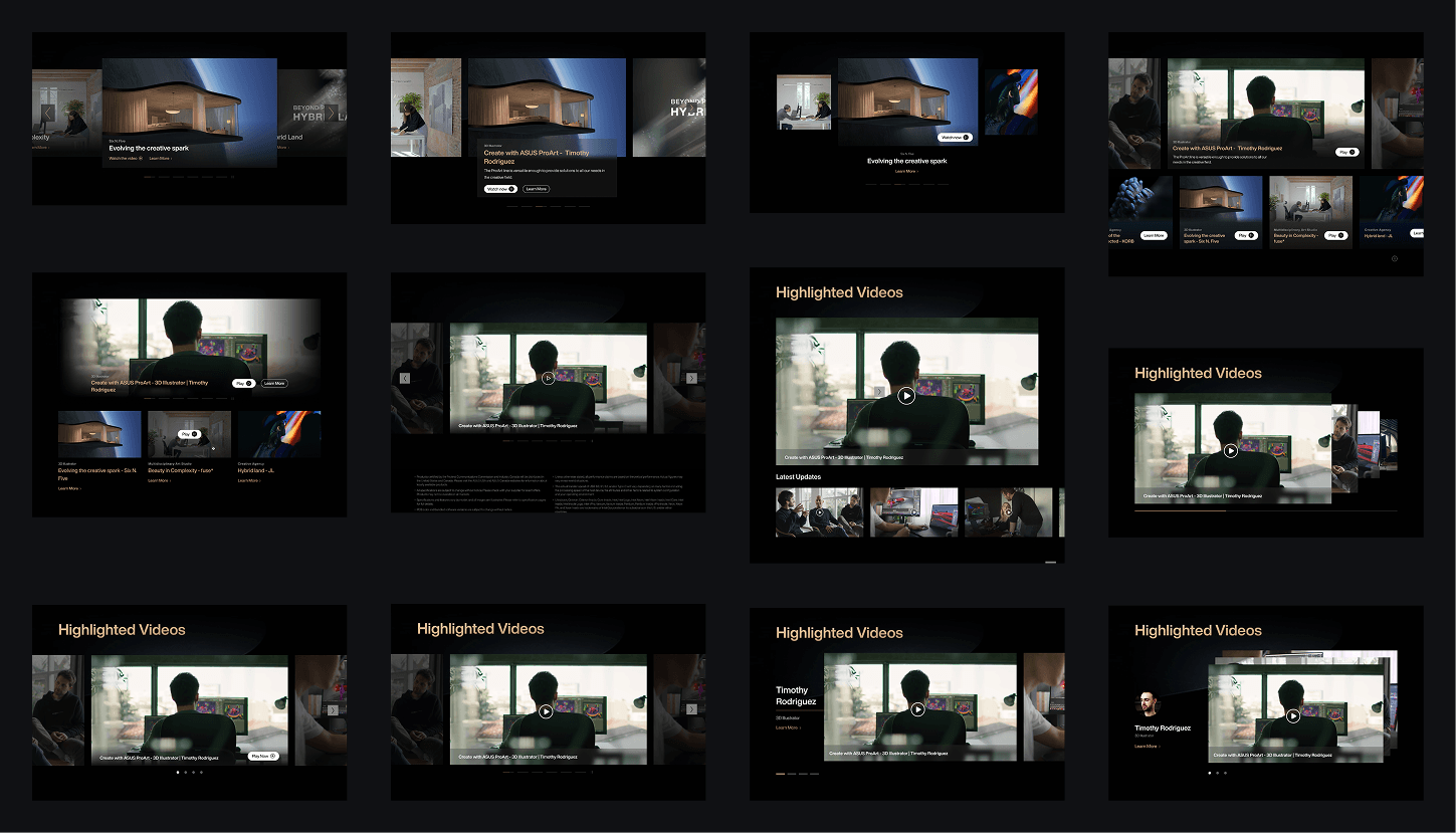 Twelve carousel layout explorations for the What Pros Say page — interaction patterns from dense grids to story-led heroes.