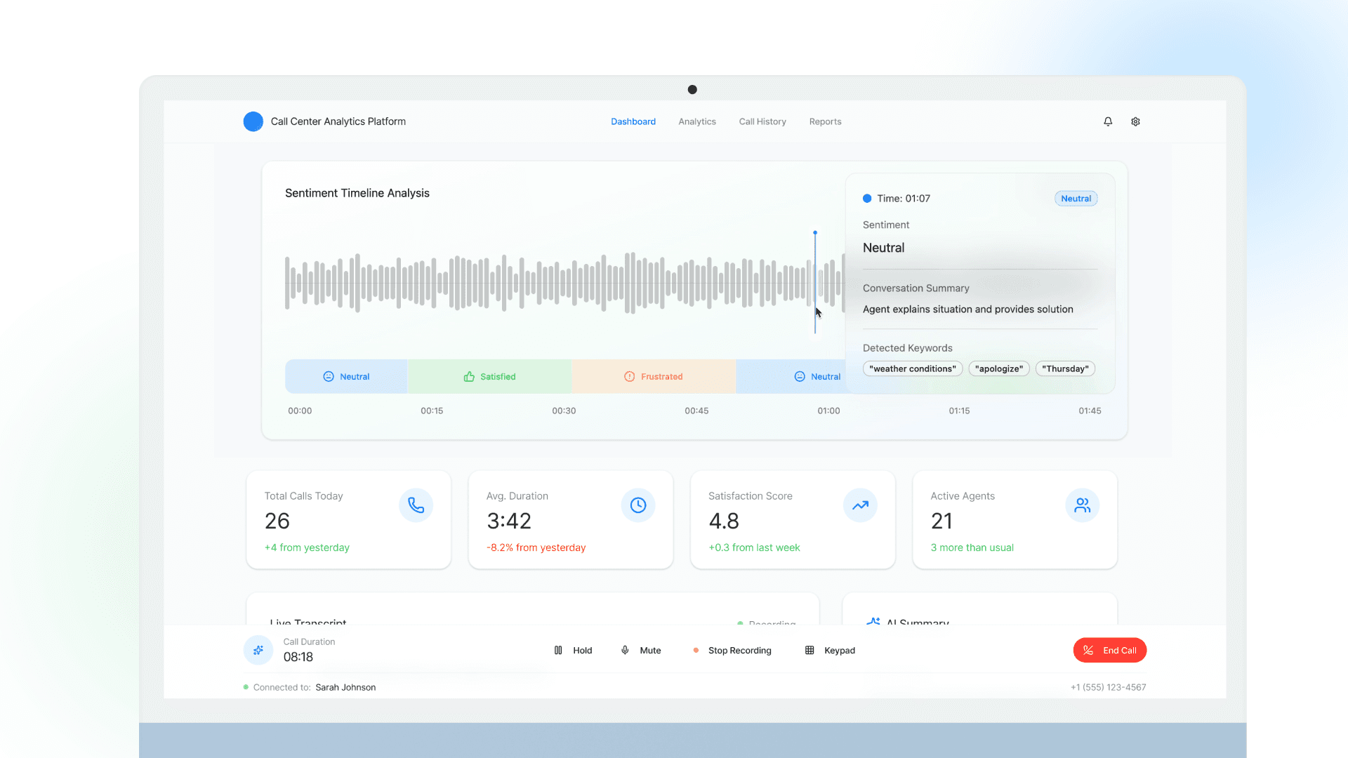 Call center decision dashboard with live conversation and next-best-action panel.