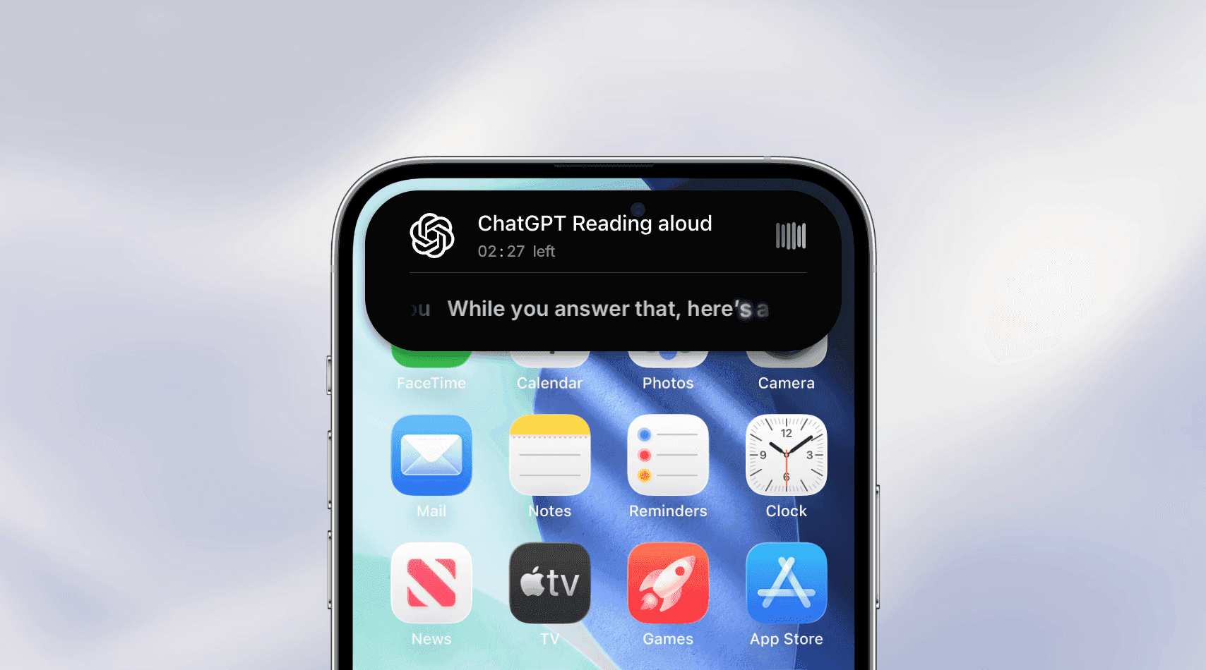 iOS Dynamic Island speech-to-text control concept for ChatGPT.