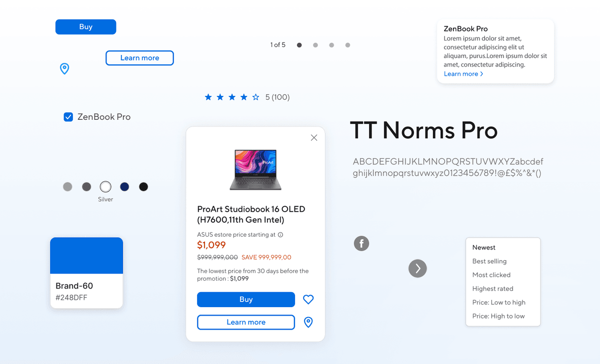 After the system: the same product card rebuilt on TT Norms Pro with system buttons, tokens, and type scale.