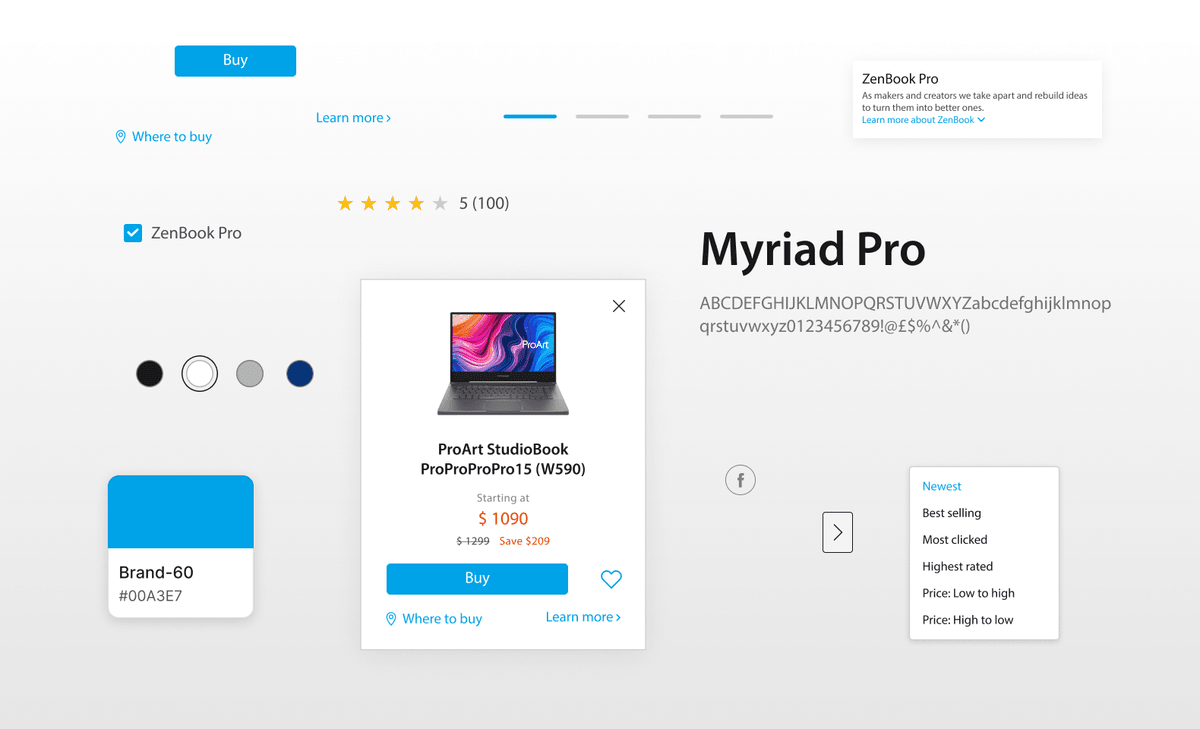 Before the system: the same product card in the old Myriad Pro styling, with inconsistent buttons, pricing, and type.