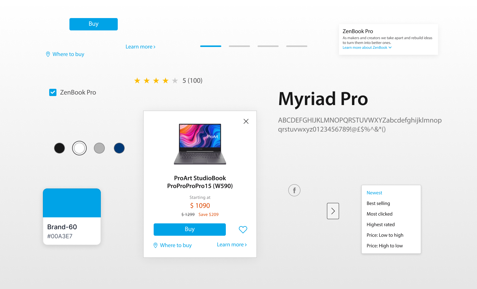 Before the system: the same product card in the old Myriad Pro styling — inconsistent buttons, pricing, and type.