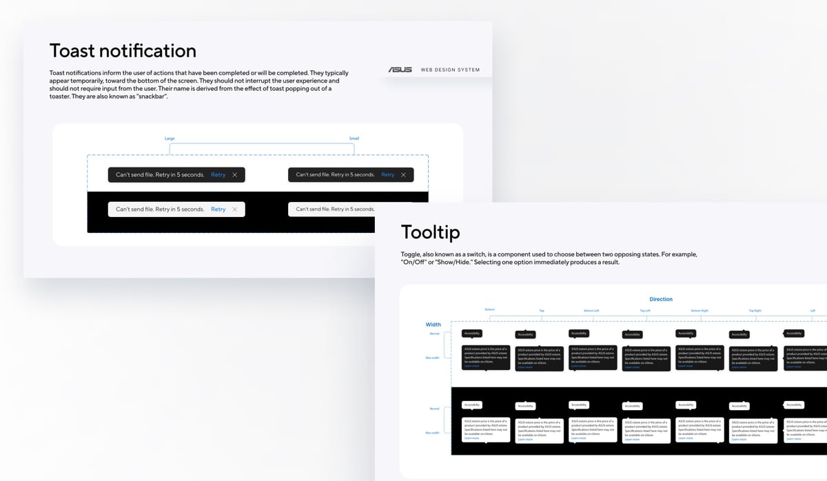 Toast and tooltip spec sheets.