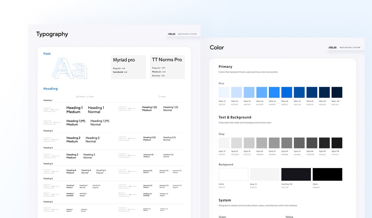 Typography and color foundation spec sheets.