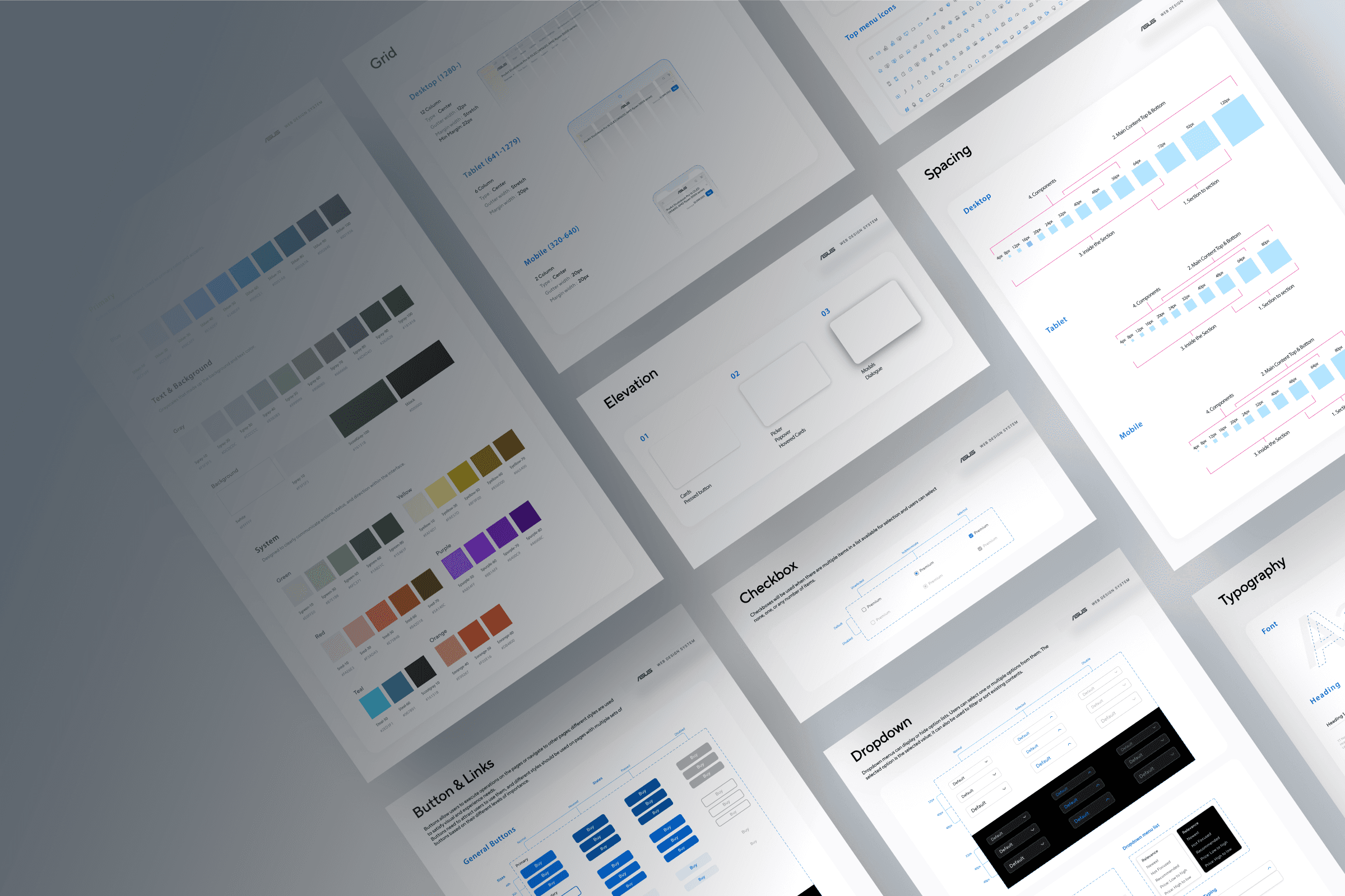 ASUS design system component grid — color, spacing, elevation, checkbox, typography, and dropdown.