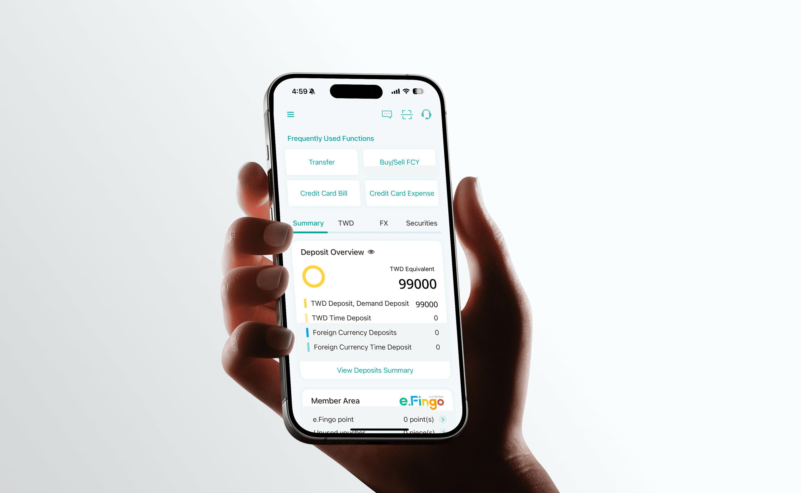E.SUN Mobile Banking home in hand — frequently used functions and deposit overview.