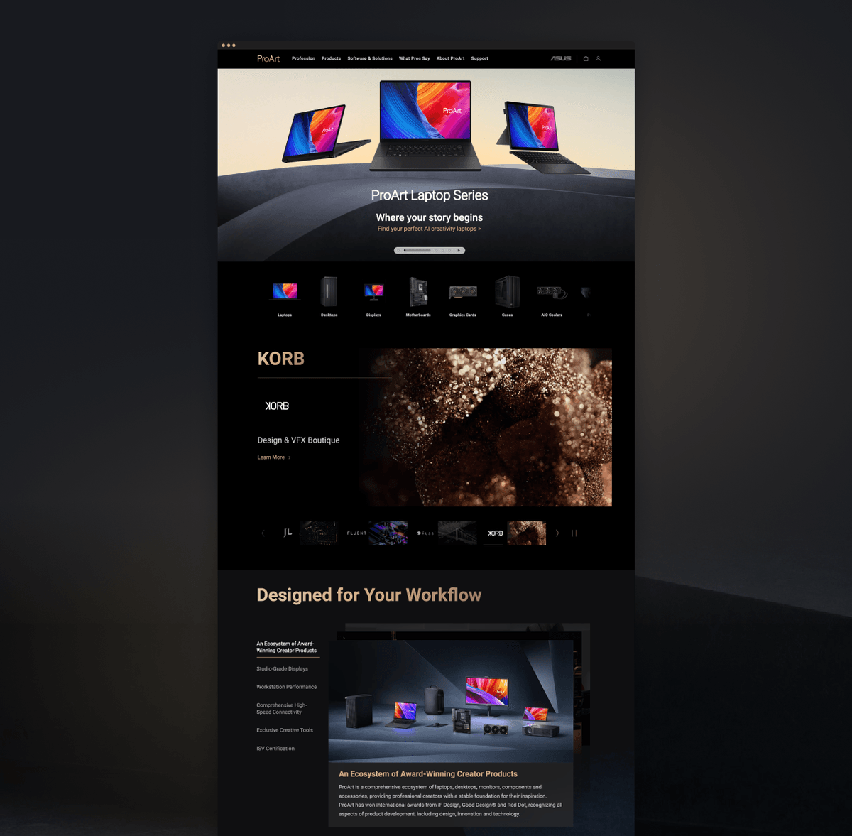 Redesigned ProArt site: story-led creator hub with decision-oriented structure.