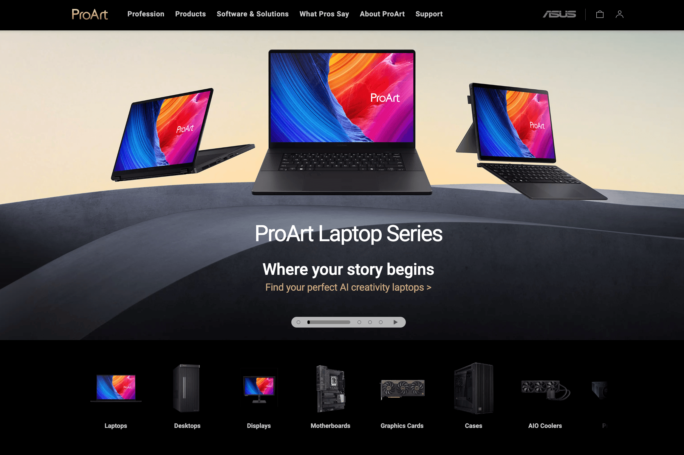 ProArt homepage — story-led hero and product category navigation.