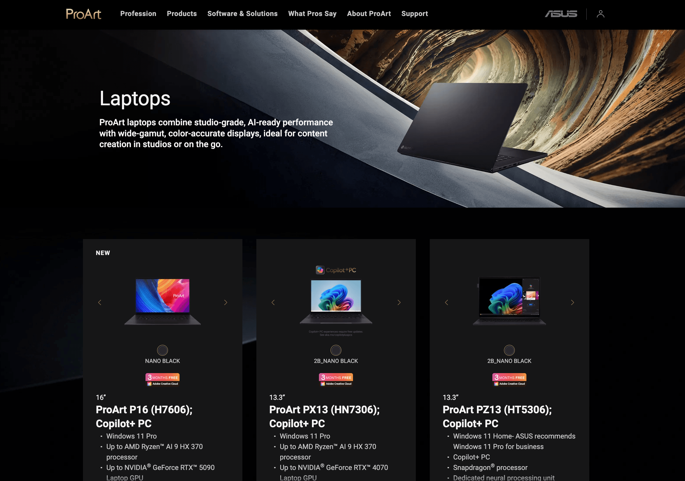 Laptops category — product cards with specs and pricing.